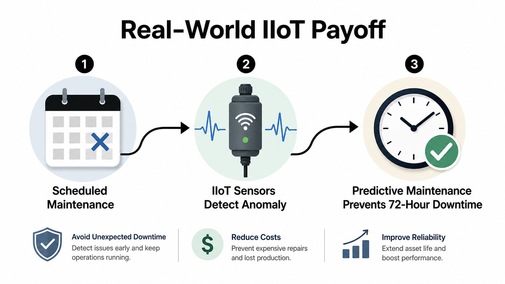 A diagram illustrating the benefits of IIoT sensors in manufacturing for predictive maintenance and cost reduction.