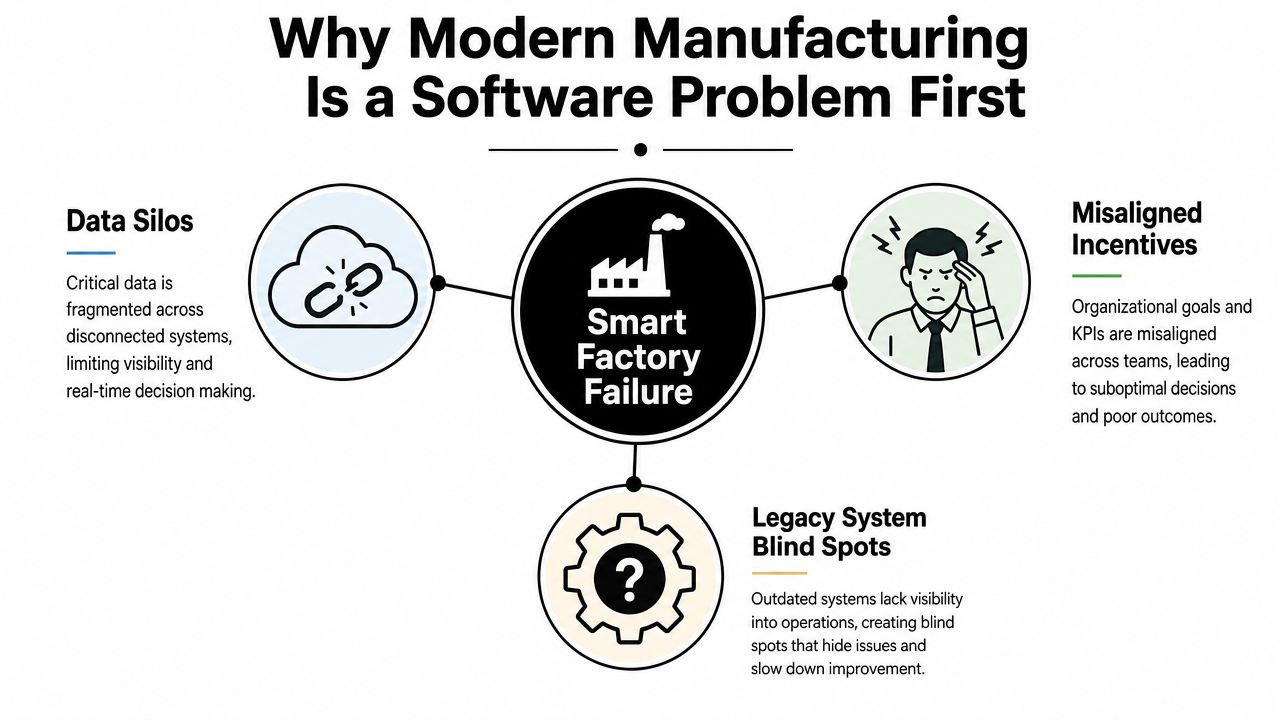 An infographic illustrating three common reasons for smart factory failure in modern manufacturing environments.