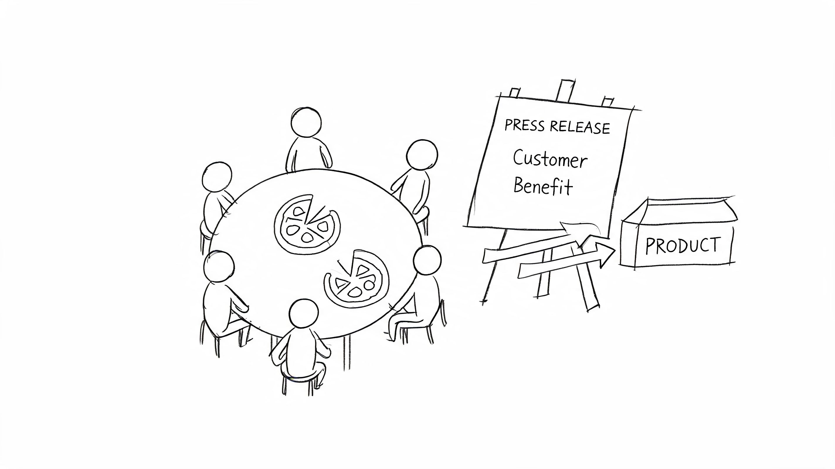 A hand-drawn sketch of a business meeting featuring pizza, a press release presentation, and a product box.