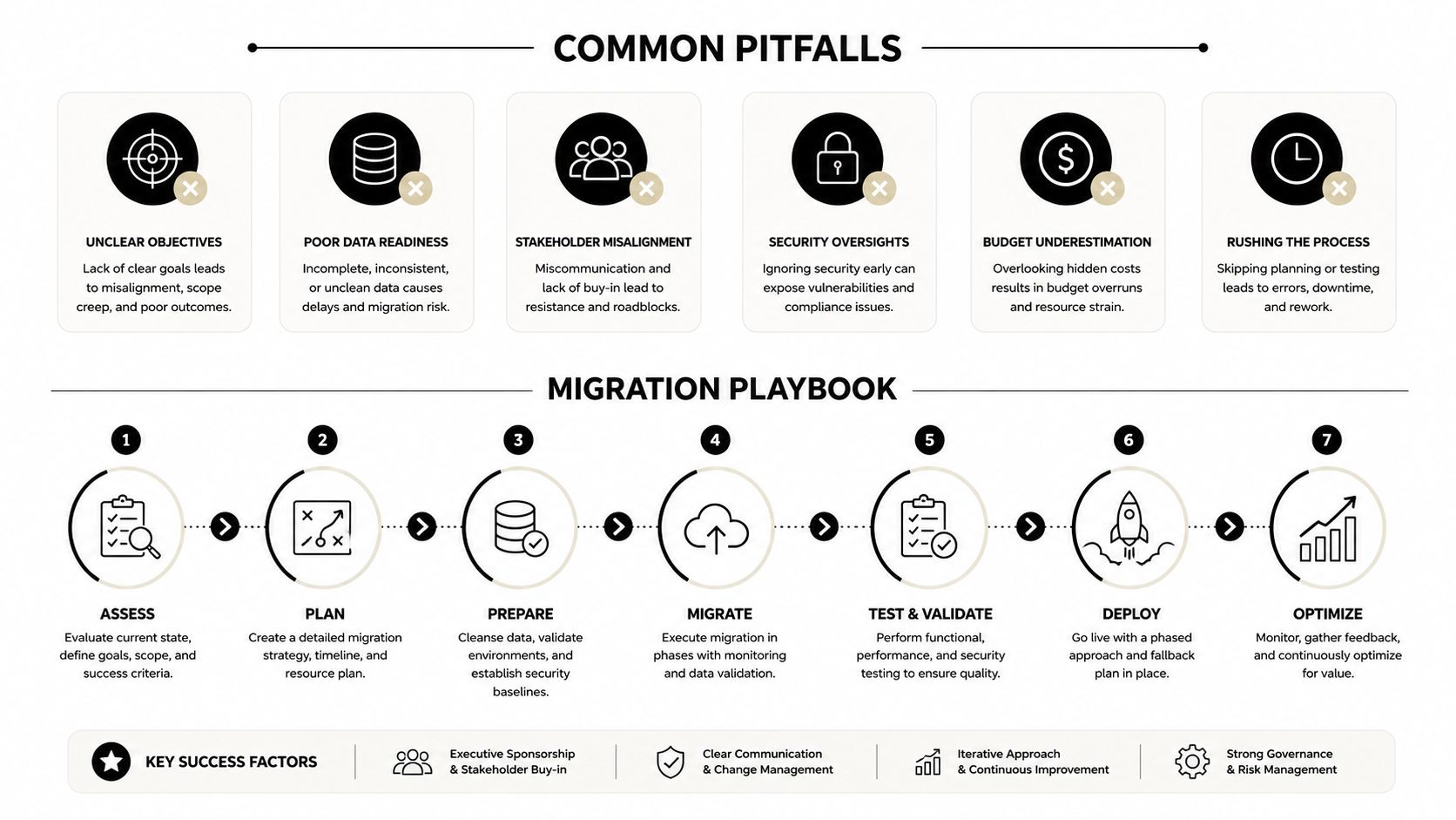 A diagram outlining common migration pitfalls, a seven-step migration playbook, and essential success factors for organizational projects.