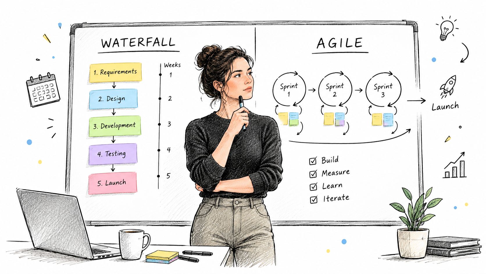 A professional woman standing before a whiteboard comparing the linear Waterfall project management and iterative Agile methodology.