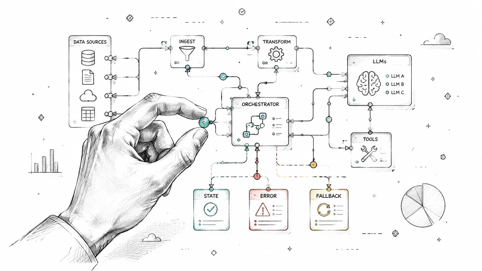A hand adjusts an interactive diagram showing an AI agent development workflow with data sources, orchestration, and tools.