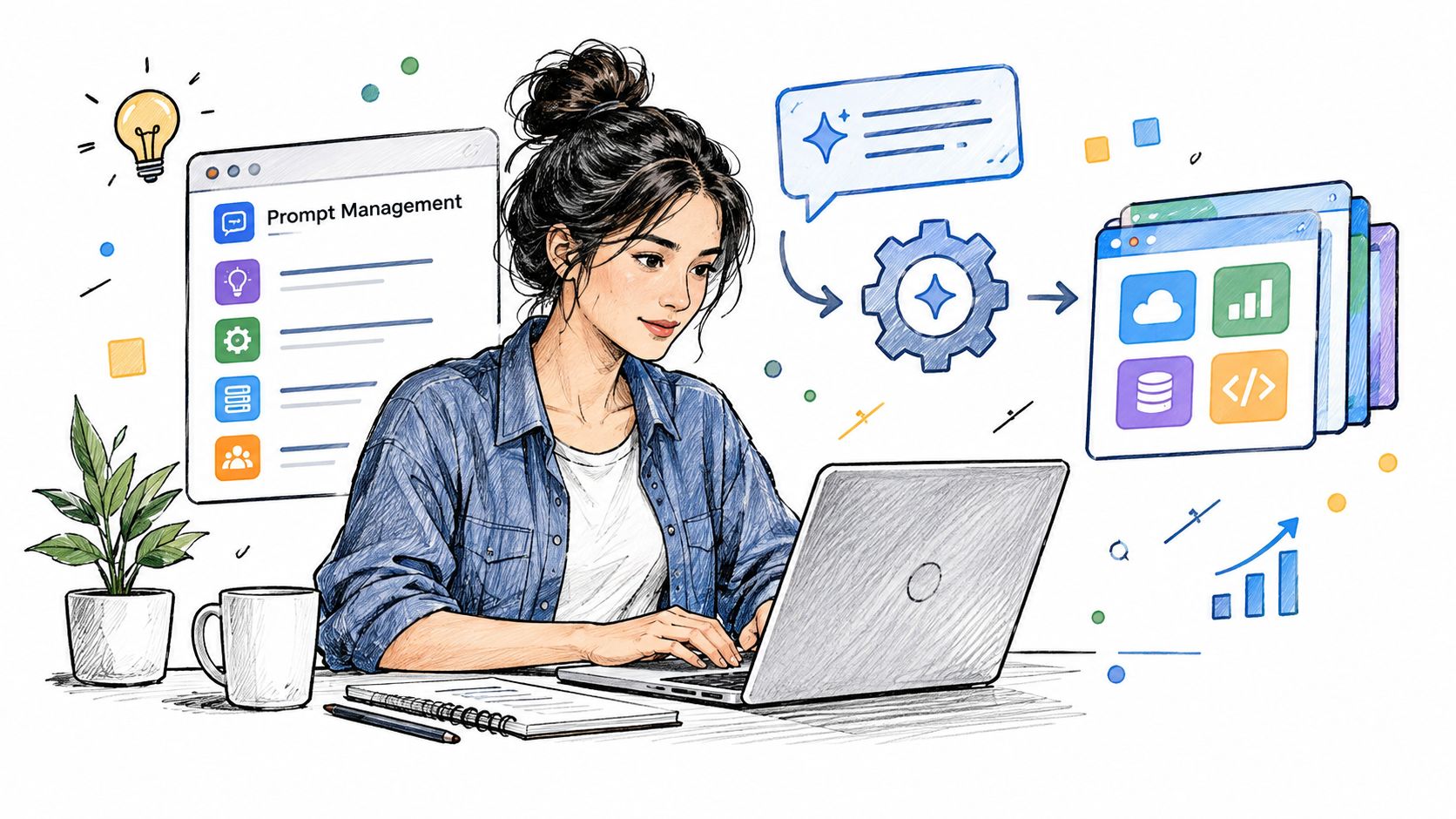 A woman working on a laptop surrounded by digital icons representing AI and prompt management software development.