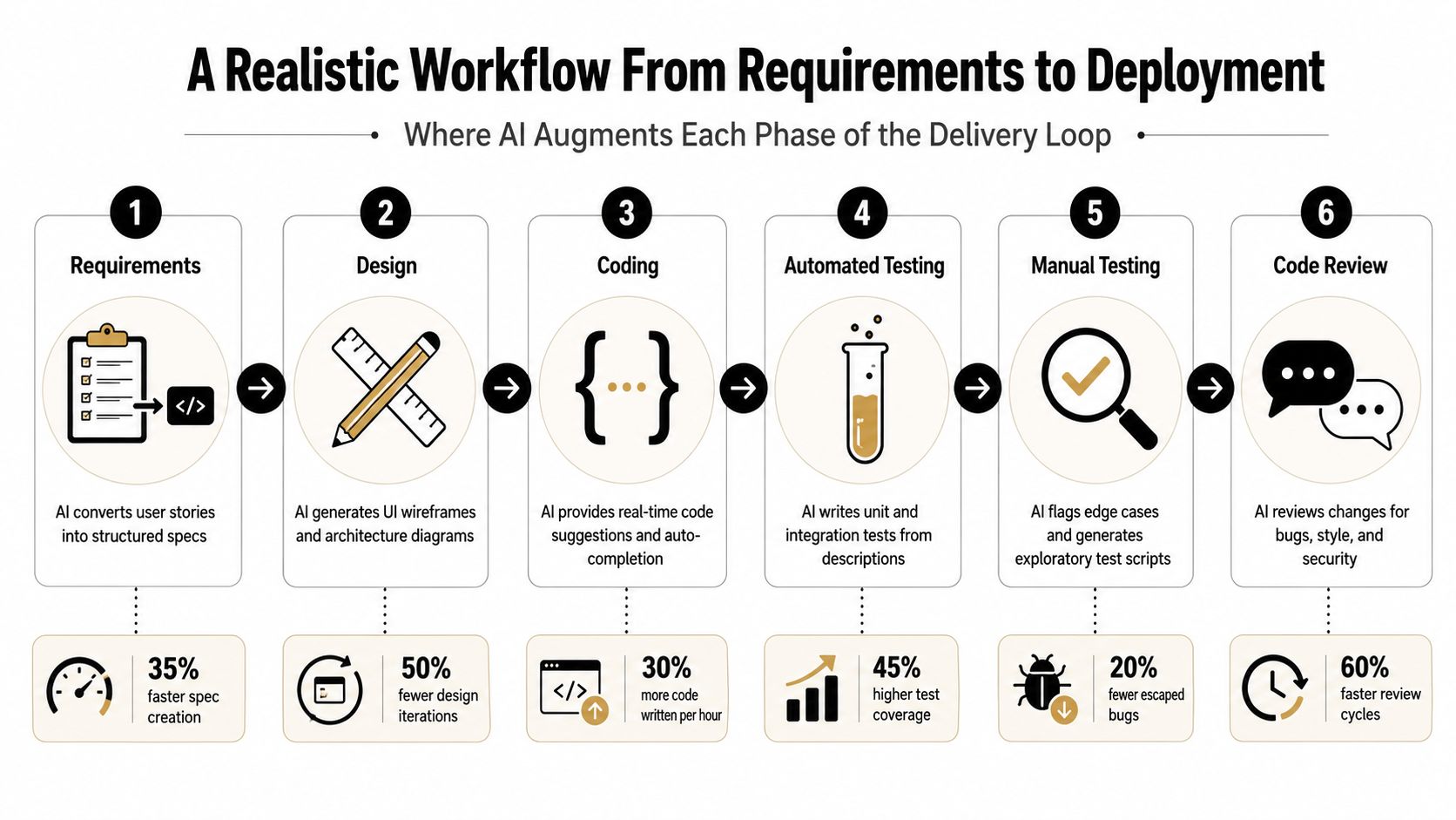 A diagram illustrating a software development workflow where AI tools augment each phase from requirements to deployment.