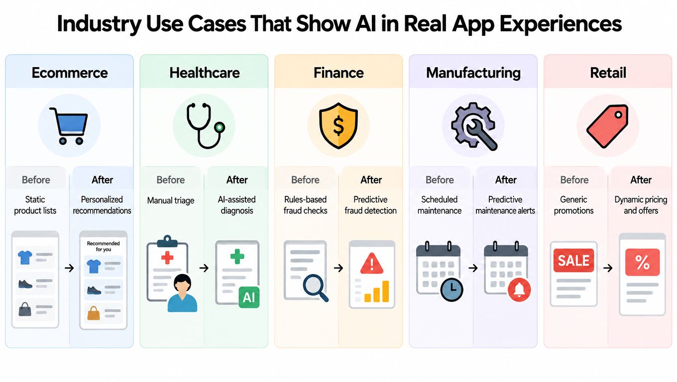 A chart illustrating AI driven digital transformation through before and after examples in five different industries.