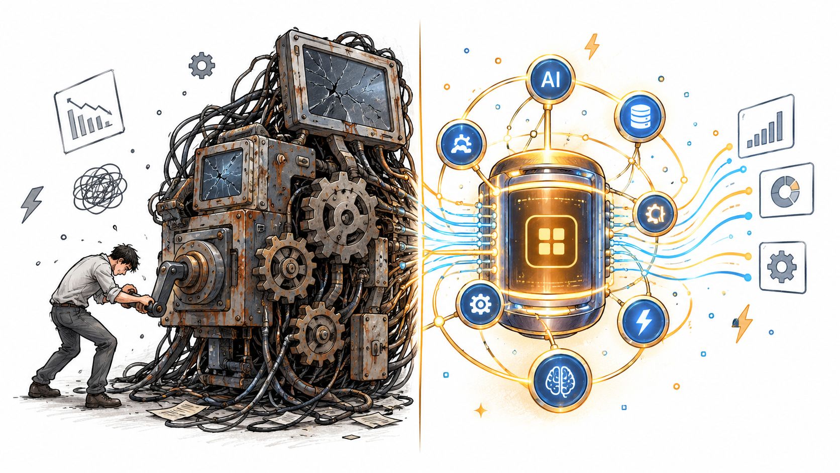 A split image showing an overworked man cranking an old rusted machine versus a modern futuristic AI core.