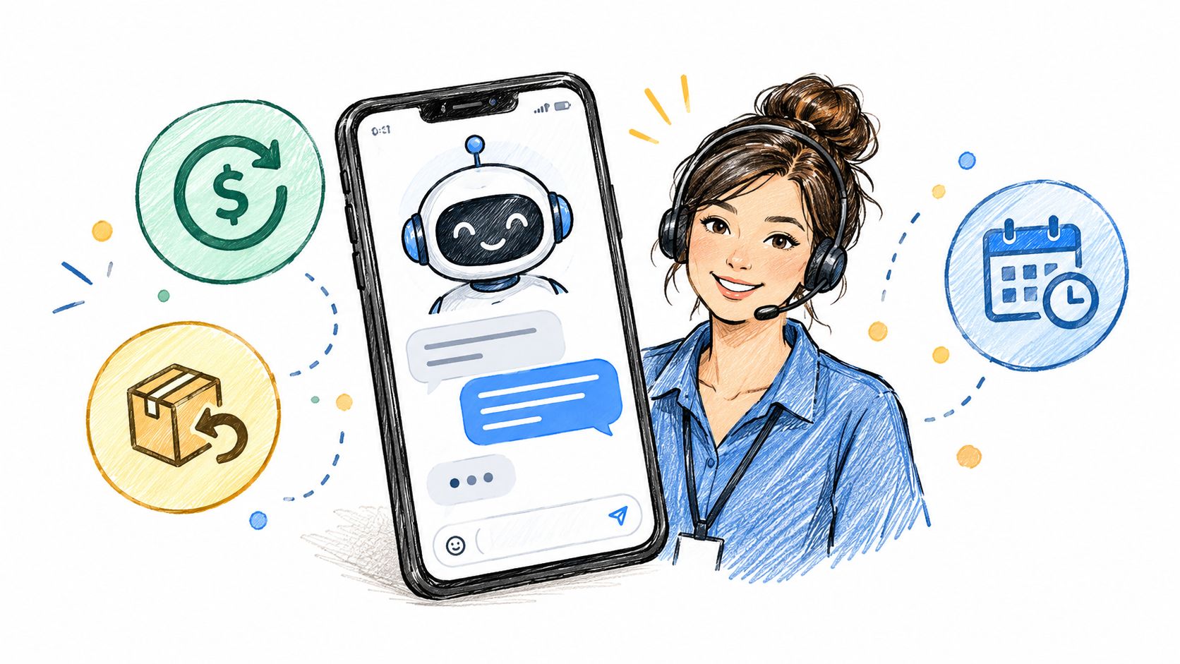 A digital illustration of a customer support agent using an AI chatbot for service automation.