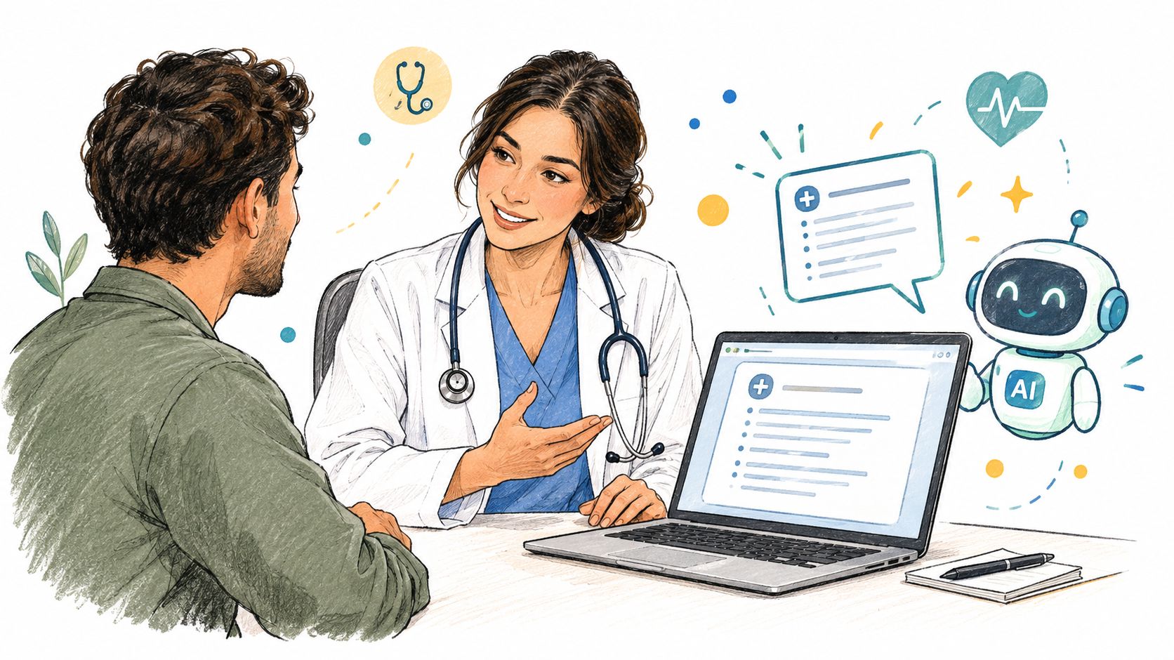 A friendly female doctor using a laptop to discuss patient health information with a male patient.