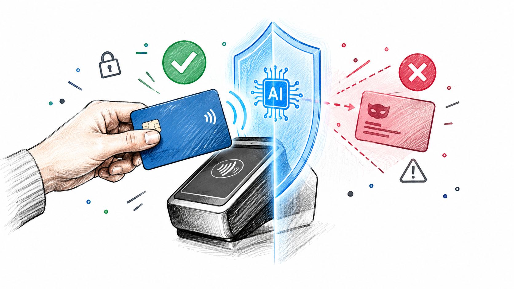 A hand using a credit card on a payment terminal protected by an artificial intelligence shield