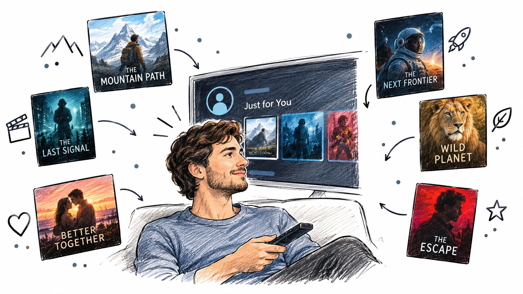 A man sitting on a couch browsing personalized movie recommendations on a smart TV screen using a remote.
