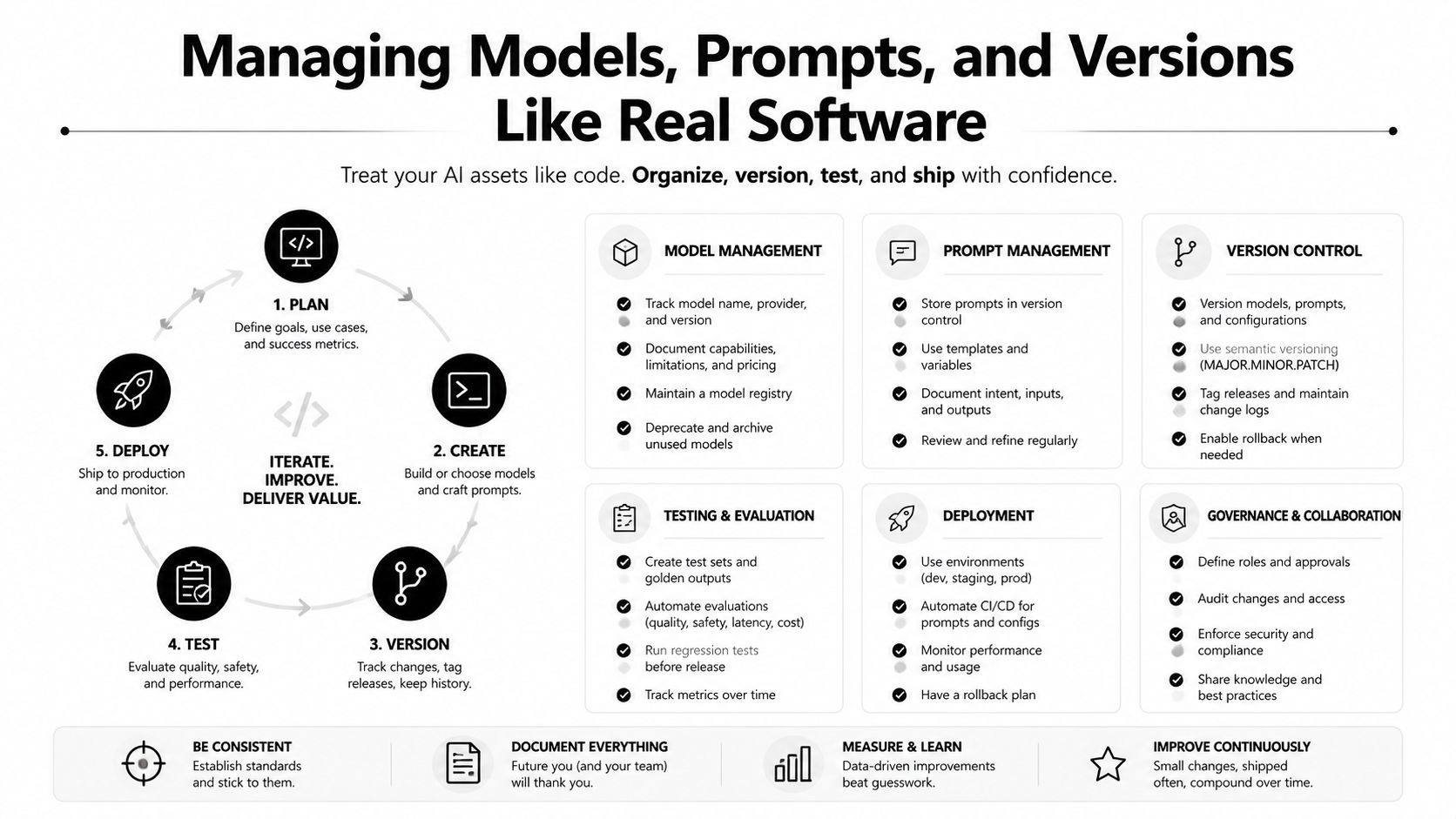 An infographic illustrating the lifecycle of managing AI models, prompts, and versions like software development processes.