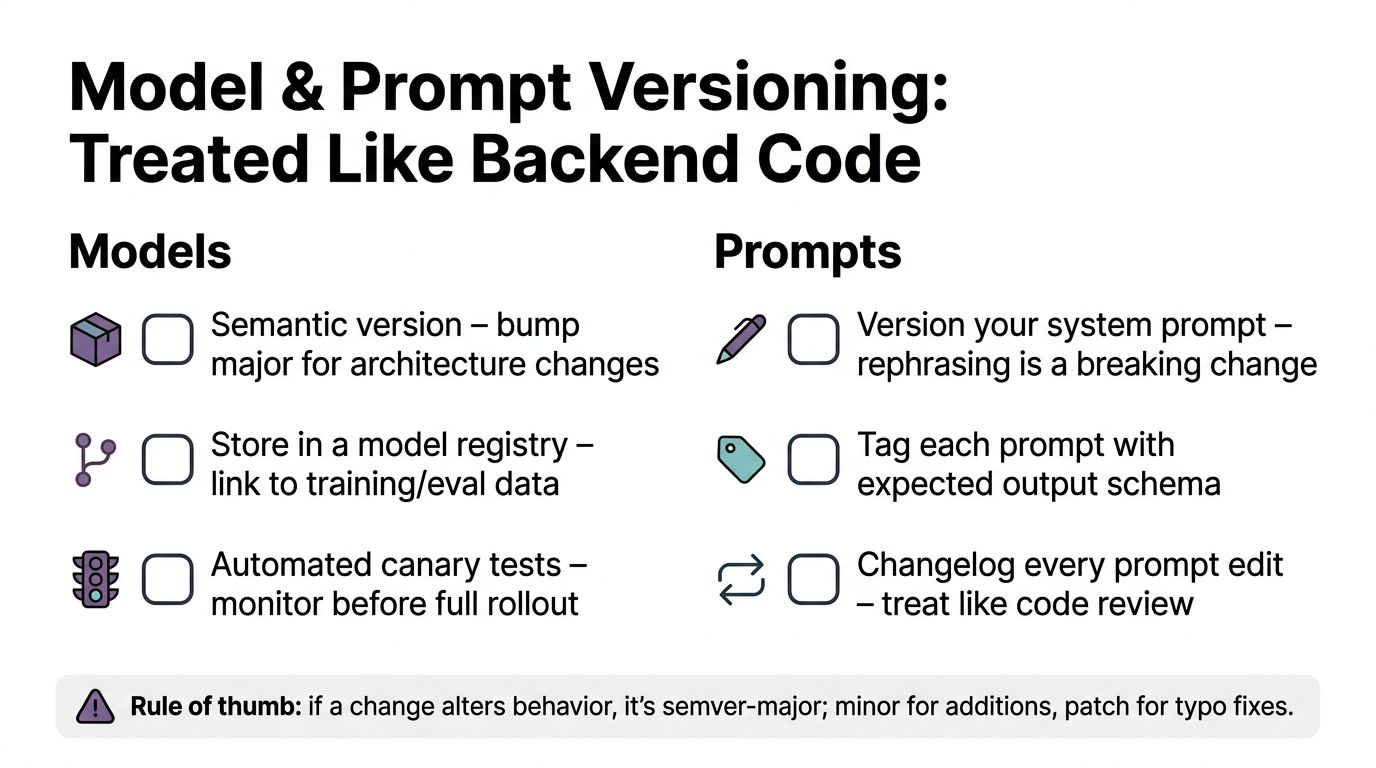 An infographic showing best practices for versioning AI models and prompts like software backend code.