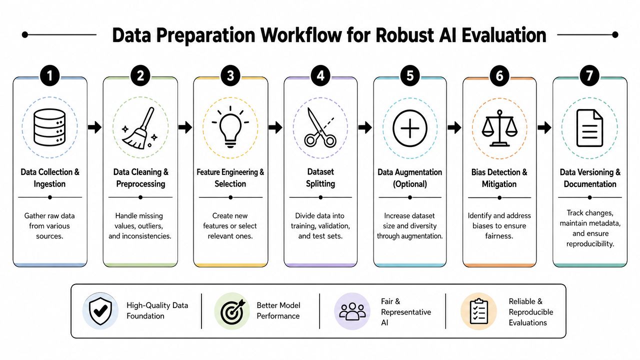 A seven-step flowchart illustrating the comprehensive data preparation workflow for achieving robust AI model evaluation and performance.