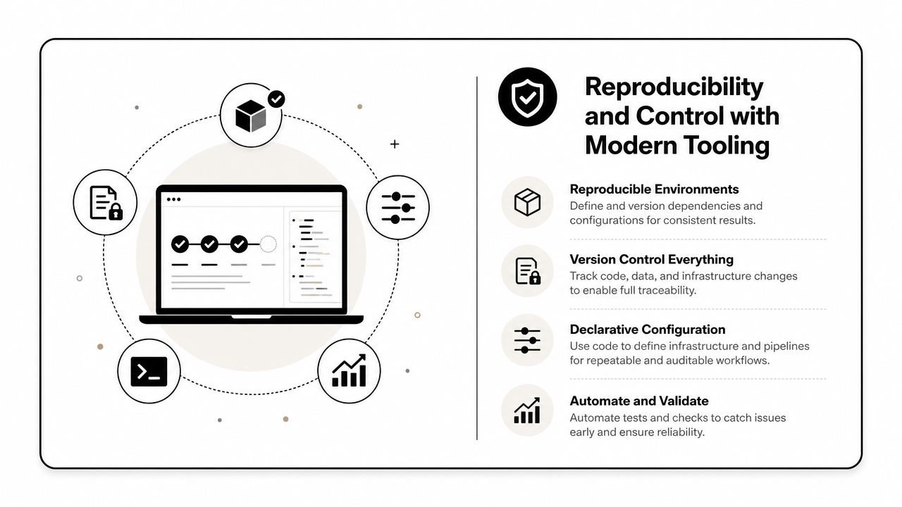 A diagram illustrating the principles of reproducibility and control in modern software development and AI model workflows.