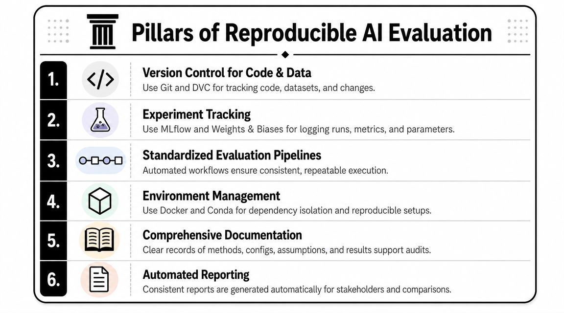 An infographic detailing the six essential pillars for achieving reproducible and reliable AI model evaluation processes.