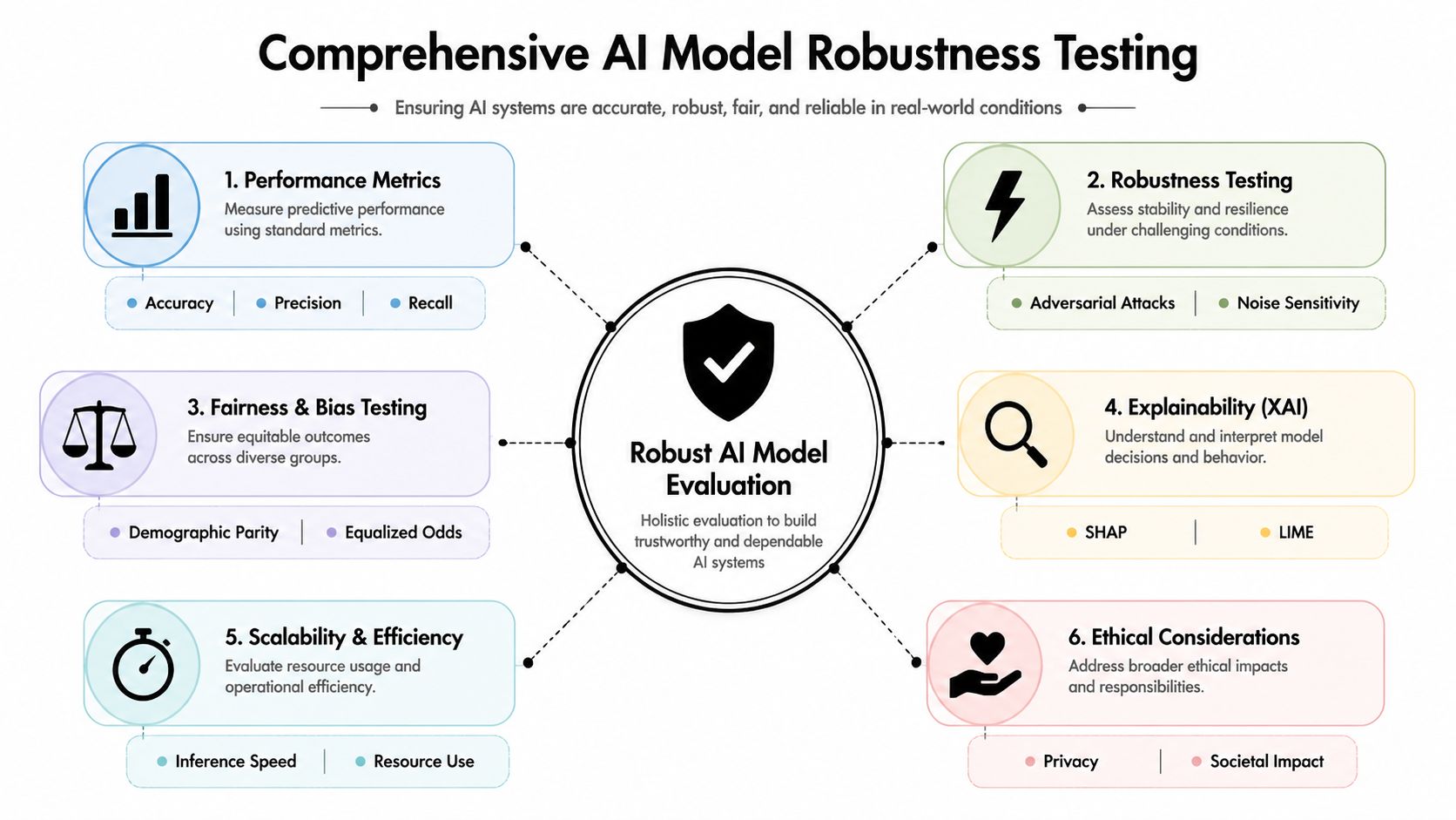 A comprehensive infographic illustrating six key pillars for evaluating the robustness and reliability of AI models.