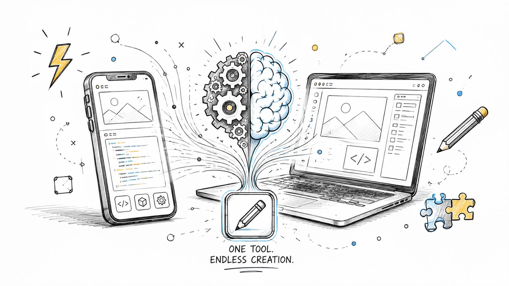 A conceptual illustration showing how a single design tool bridges mobile app development and creative programming.