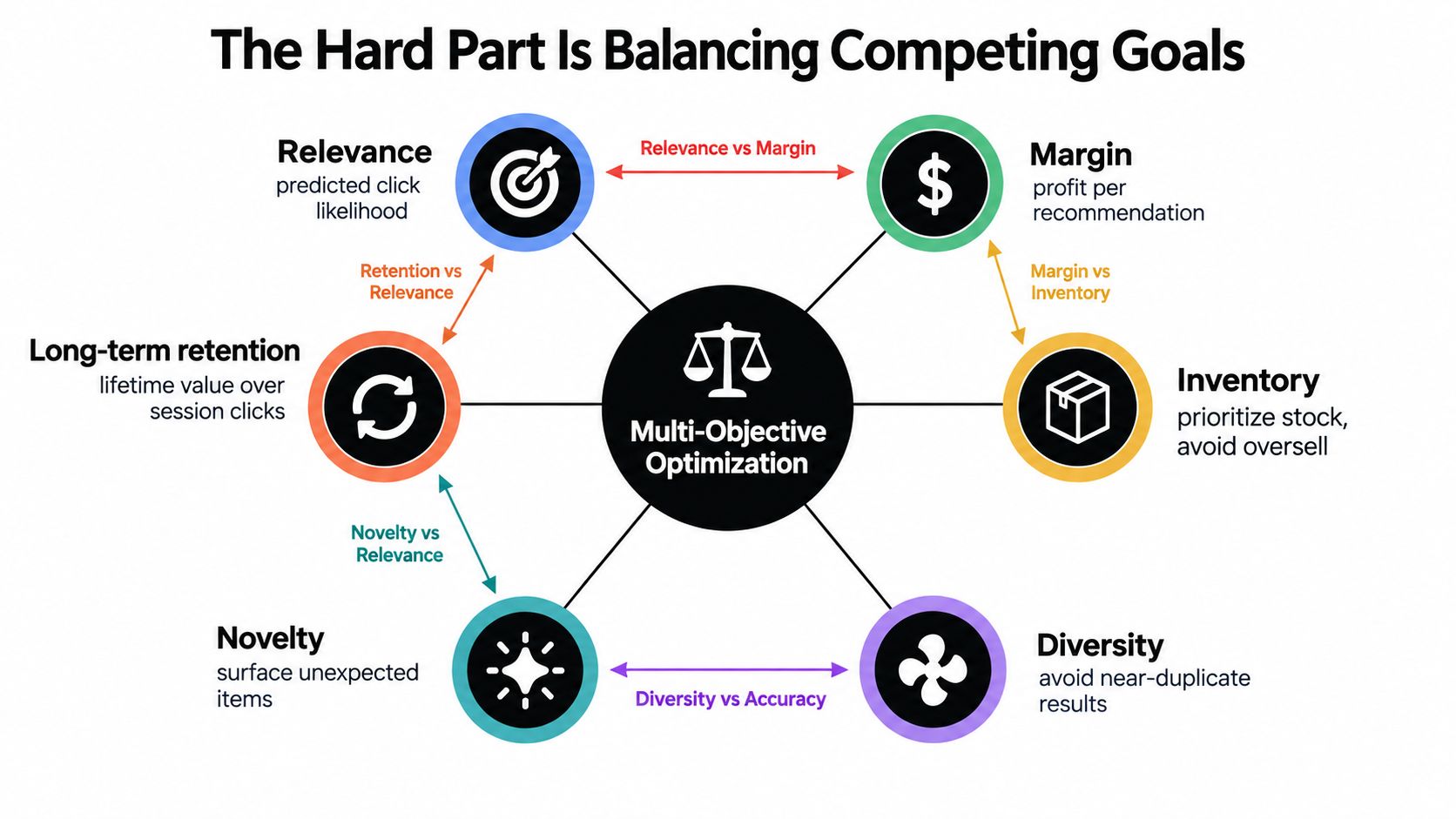 A diagram illustrating multi-objective optimization for AI recommendation engines by balancing various competing business and user goals.