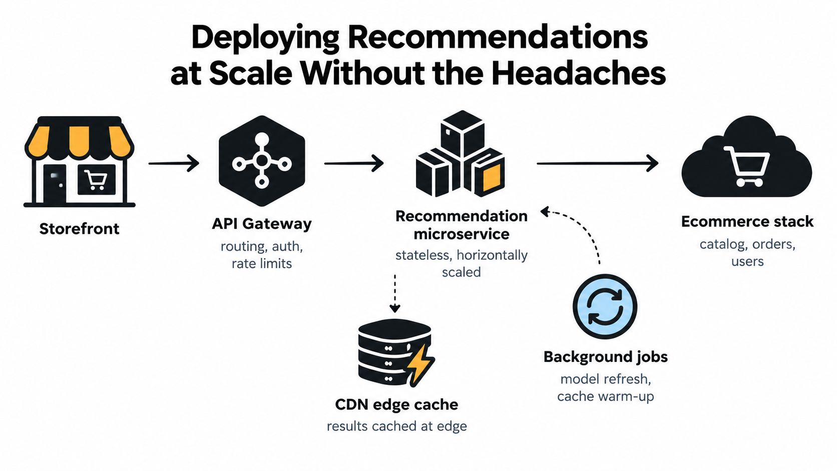 A diagram illustrating a scalable architecture for deploying AI recommendation engines in an ecommerce environment.