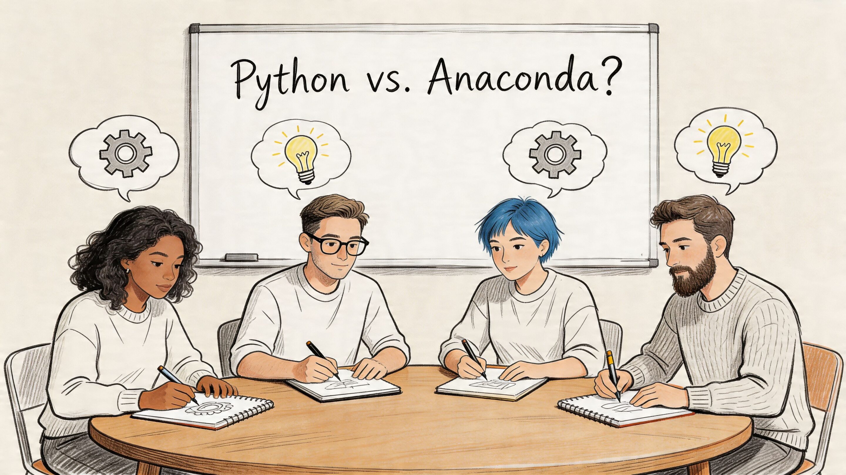 A diverse group of four people collaborating around a table while discussing Python versus Anaconda concepts.