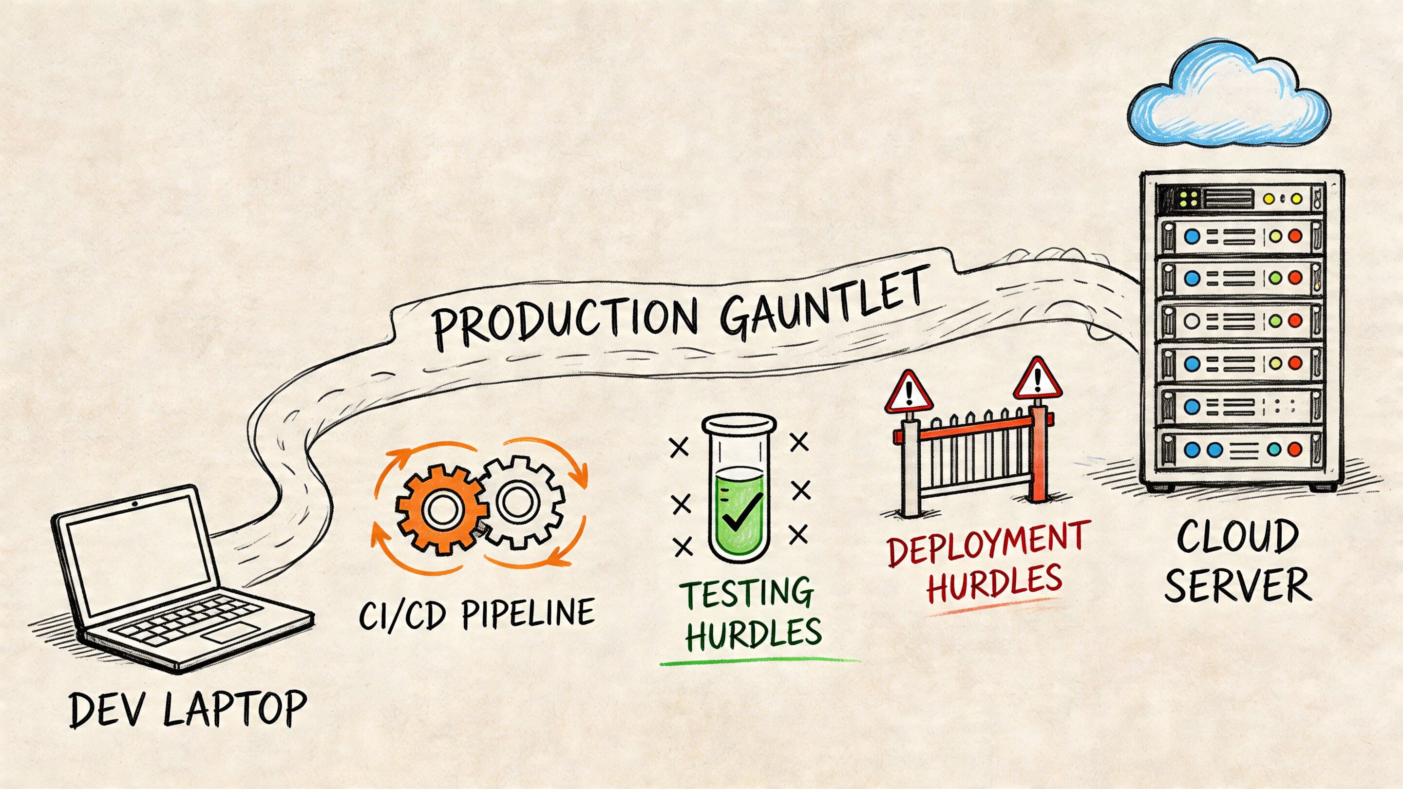 A conceptual illustration of the software development lifecycle showing the path from dev laptop to cloud server.