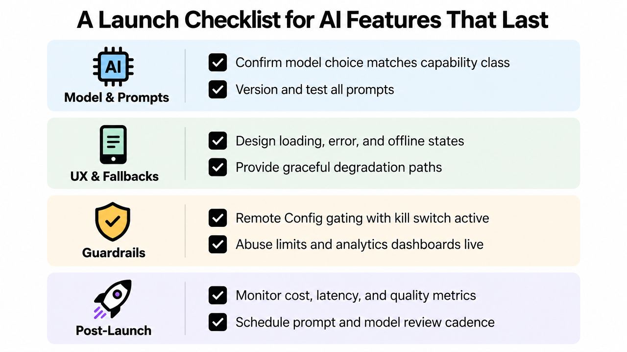 A comprehensive checklist for launching AI features, covering model prompts, user experience, guardrails, and post-launch maintenance strategies.