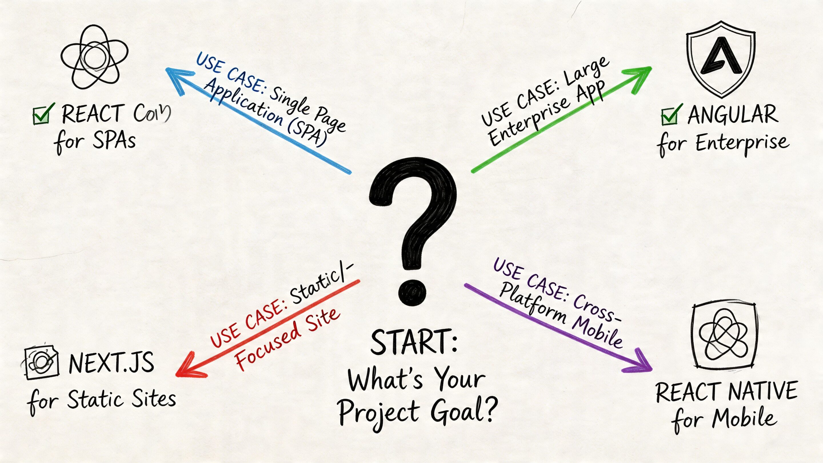 A diagram illustrating how to choose the right JavaScript framework based on specific project goals and use cases.