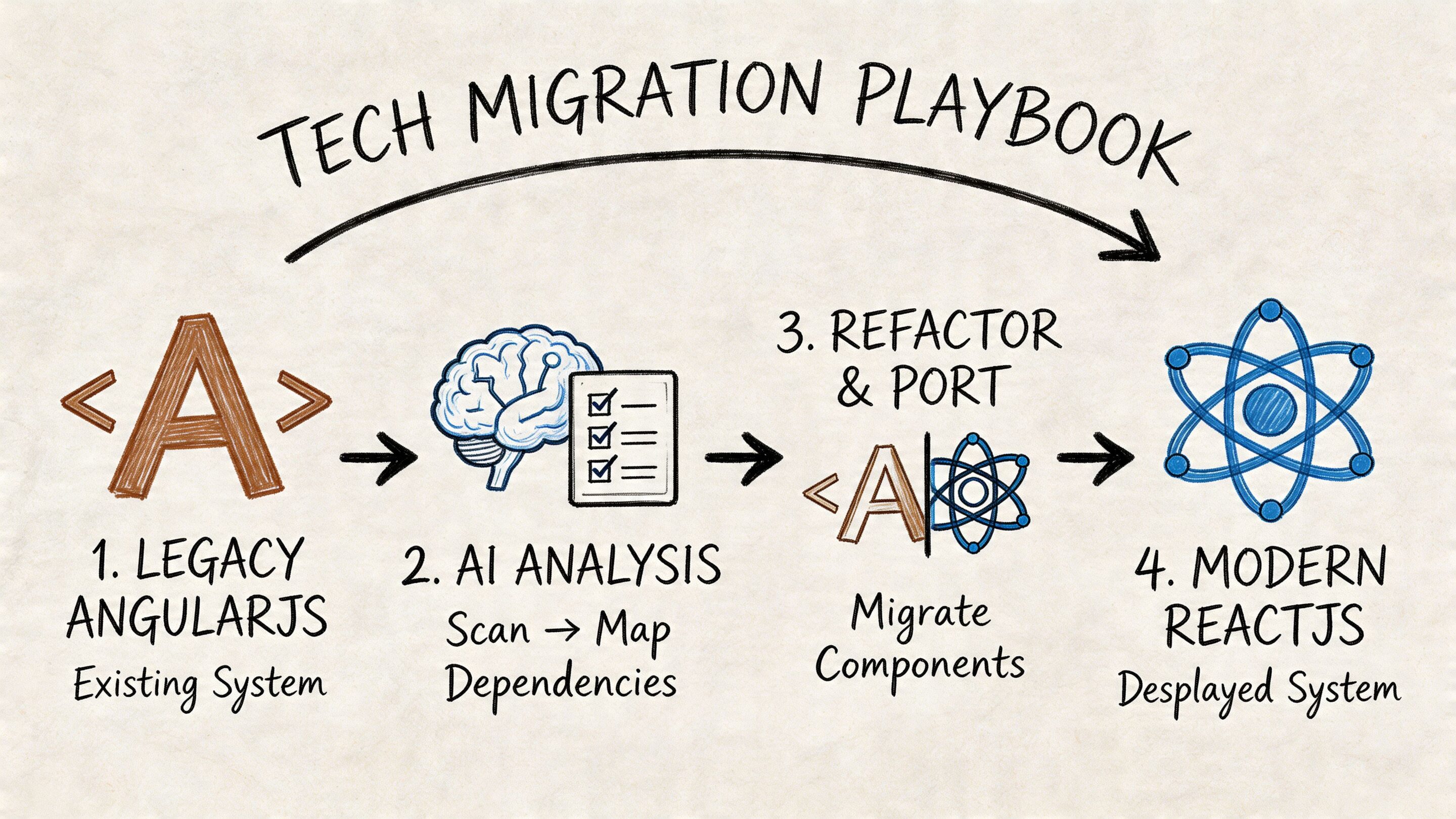 A diagram illustrating a four-step tech migration process from legacy AngularJS to a modern ReactJS system.