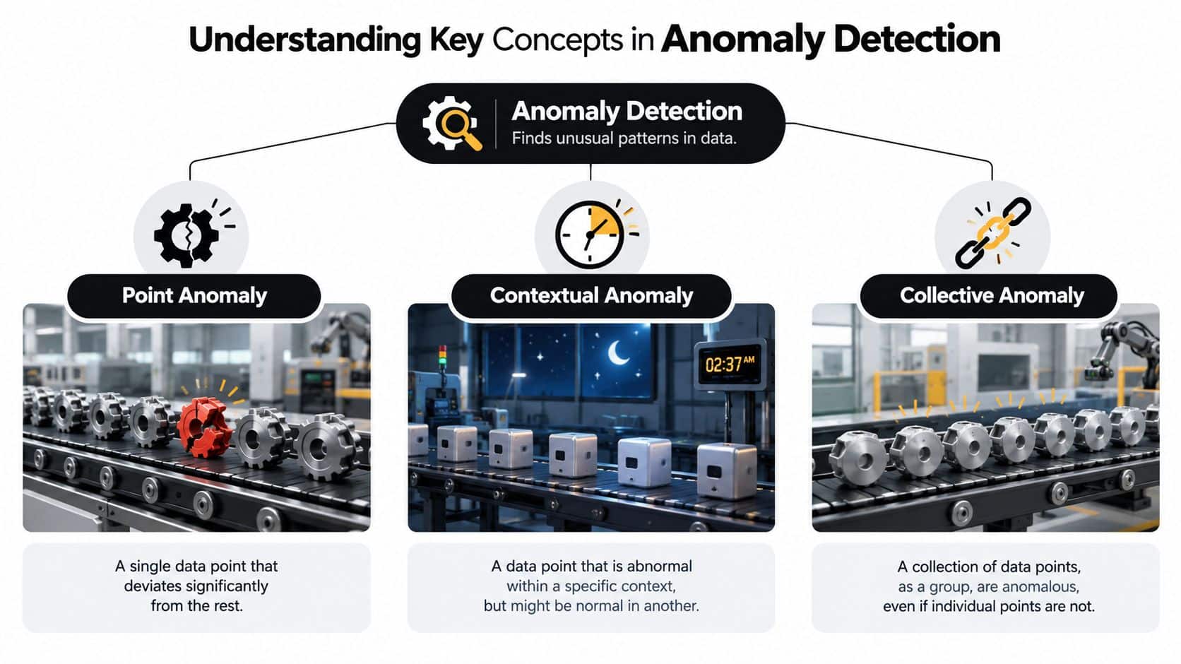 An infographic explaining the three types of anomaly detection: point, contextual, and collective, with visual examples.