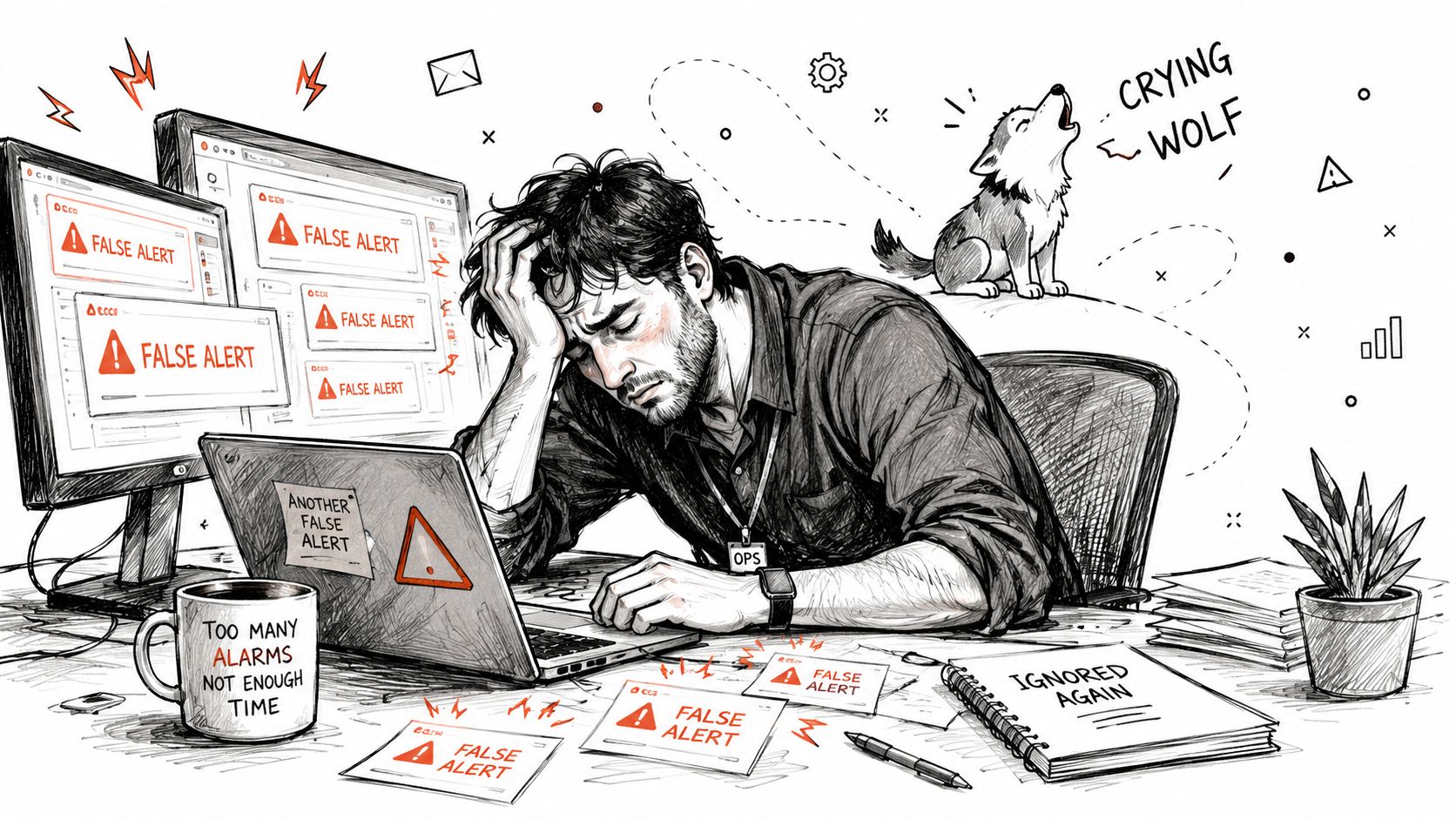 A stressed IT worker sitting at a desk overwhelmed by numerous false alarm notifications on screens.