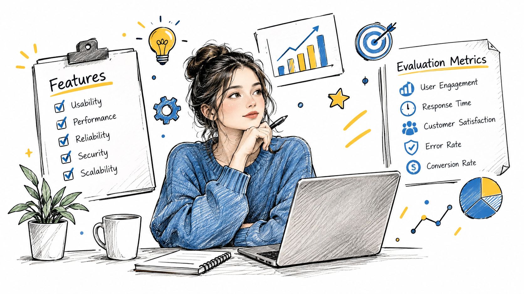 A woman thinking while working on a laptop, surrounded by icons for features and evaluation metrics.