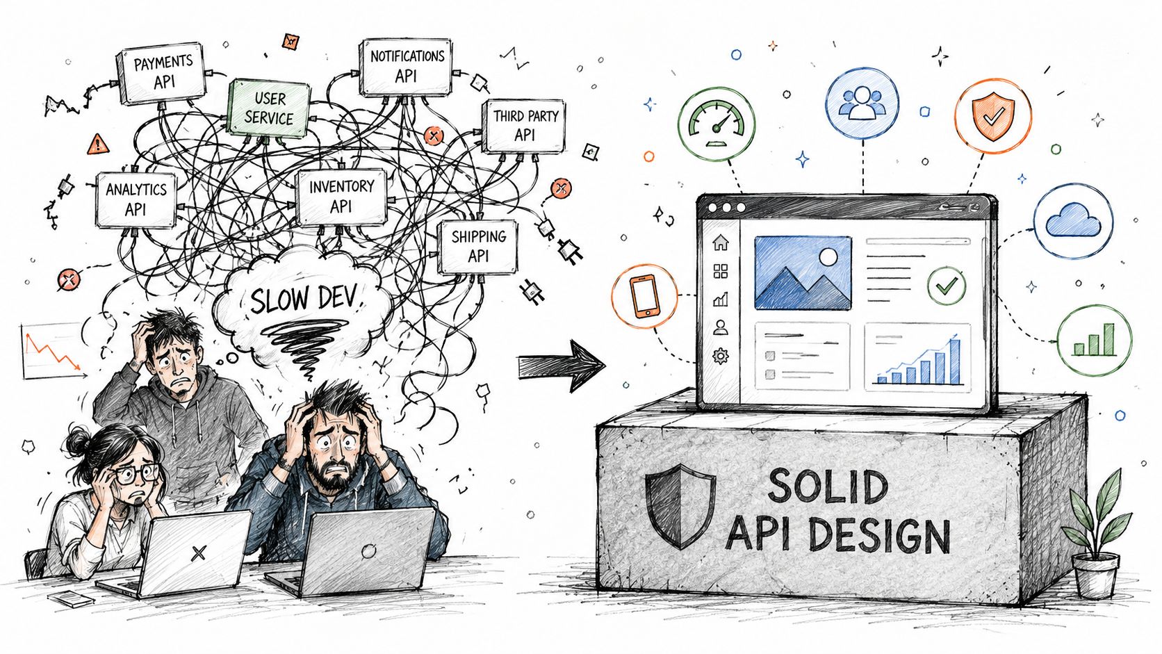 A hand-drawn illustration showing the transition from complex, messy API spaghetti code to organized, solid API design.