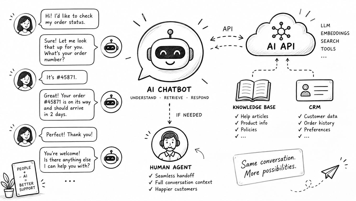 A hand-drawn illustration depicting an AI chatbot interacting with a customer and integrating with enterprise data systems.