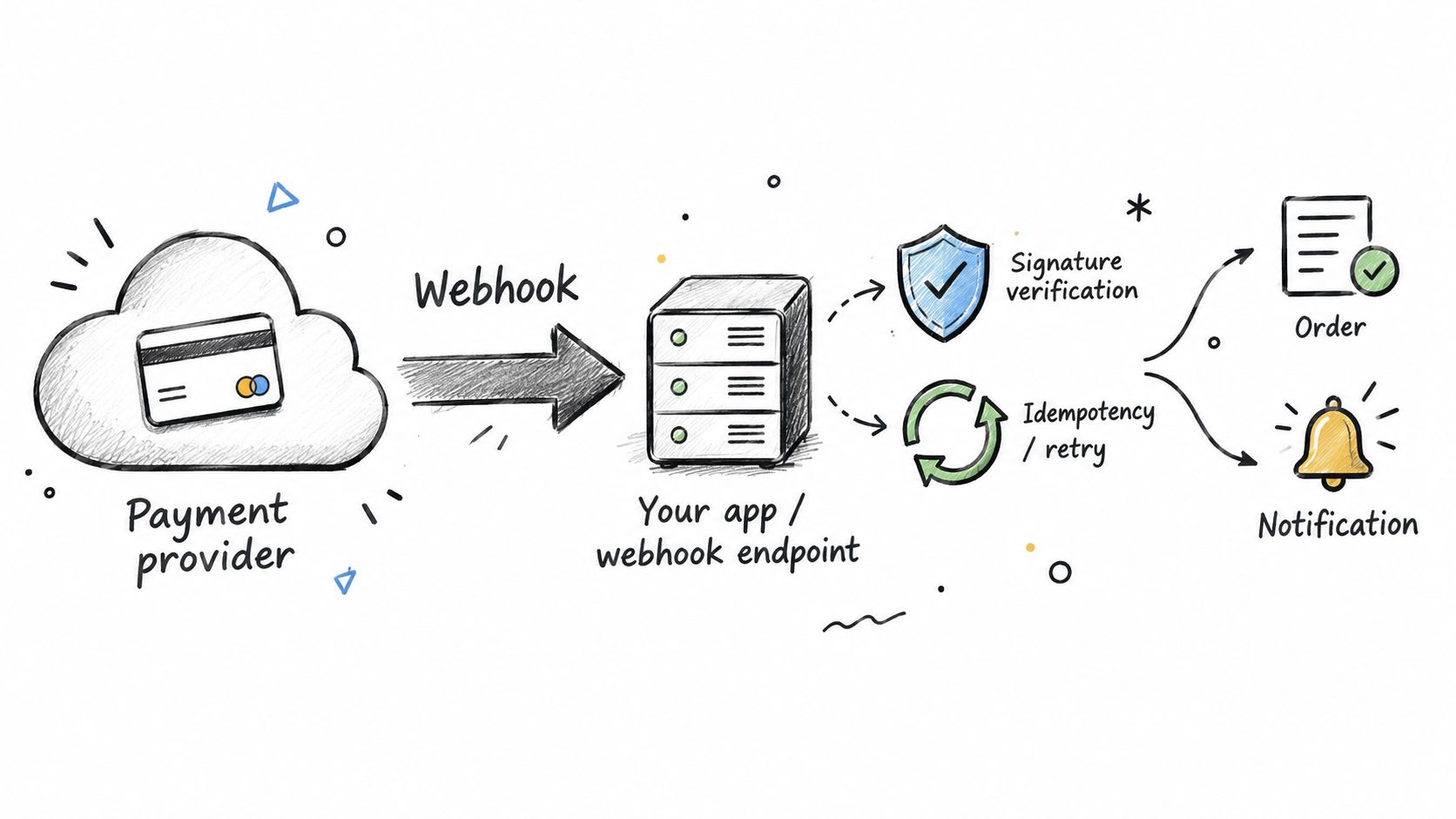 A diagram illustrating how a payment provider sends a webhook to an application for order processing.