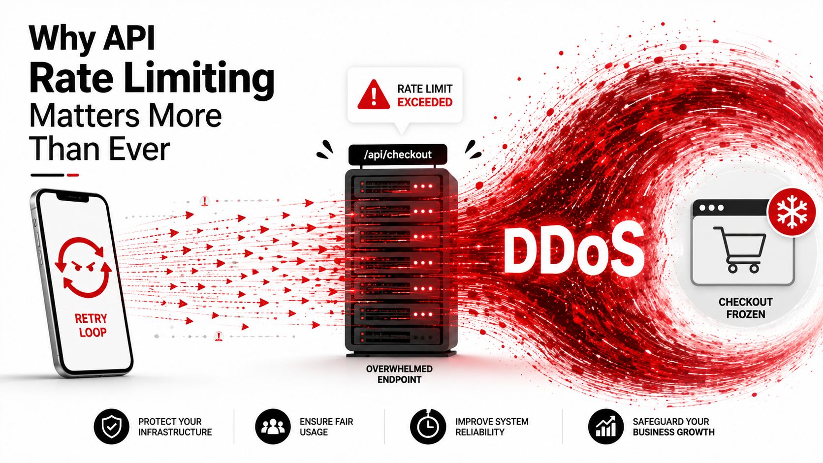 A conceptual diagram showing how excessive API requests cause DDoS attacks, freezing a checkout system and endpoint.