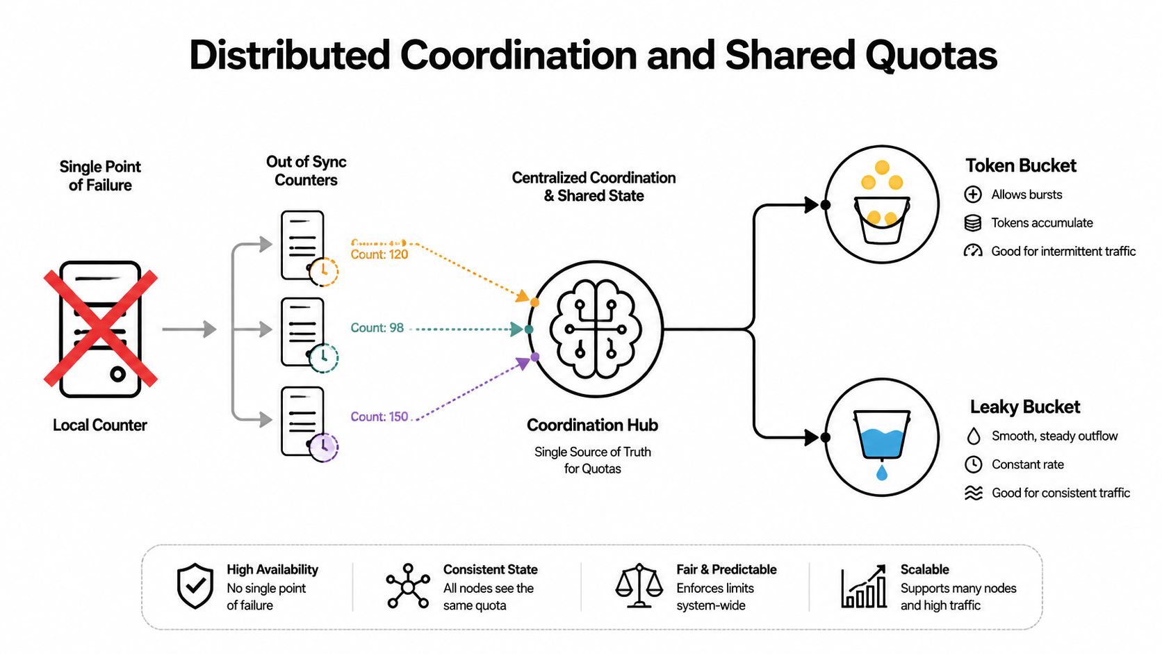 A diagram illustrating distributed coordination and shared quotas for API rate limiting using token and leaky bucket algorithms.