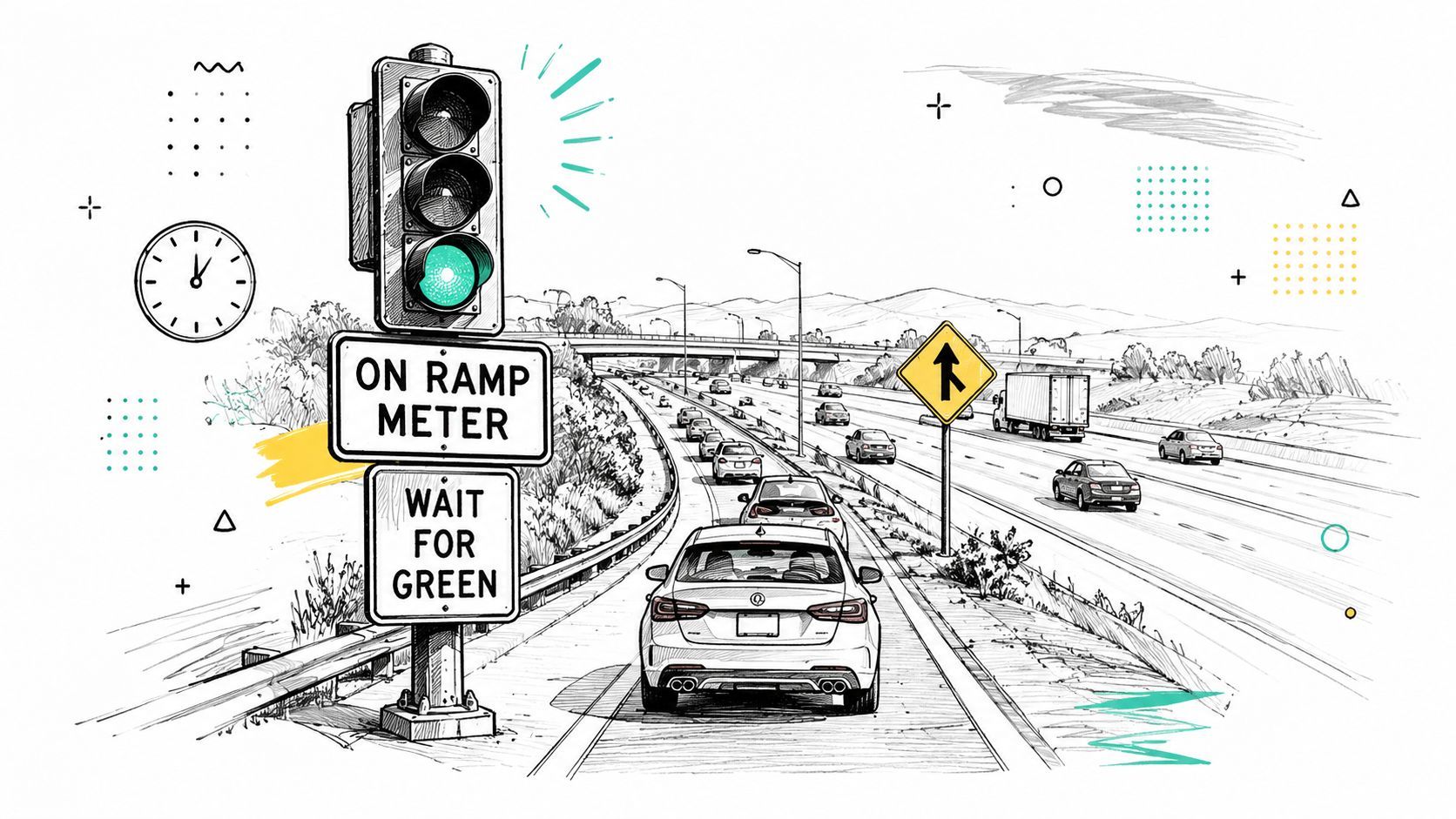 A line of cars waiting at a ramp meter traffic signal on a highway entrance ramp.