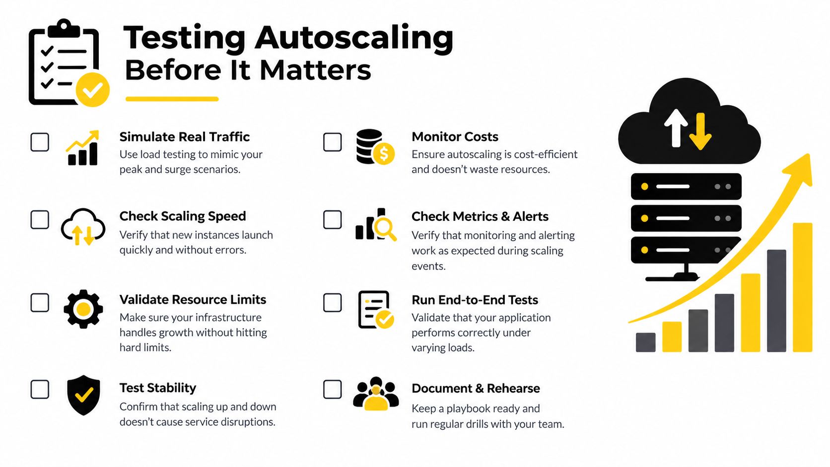 A checklist infographic titled Testing Autoscaling Before It Matters, detailing key steps for cloud infrastructure testing.