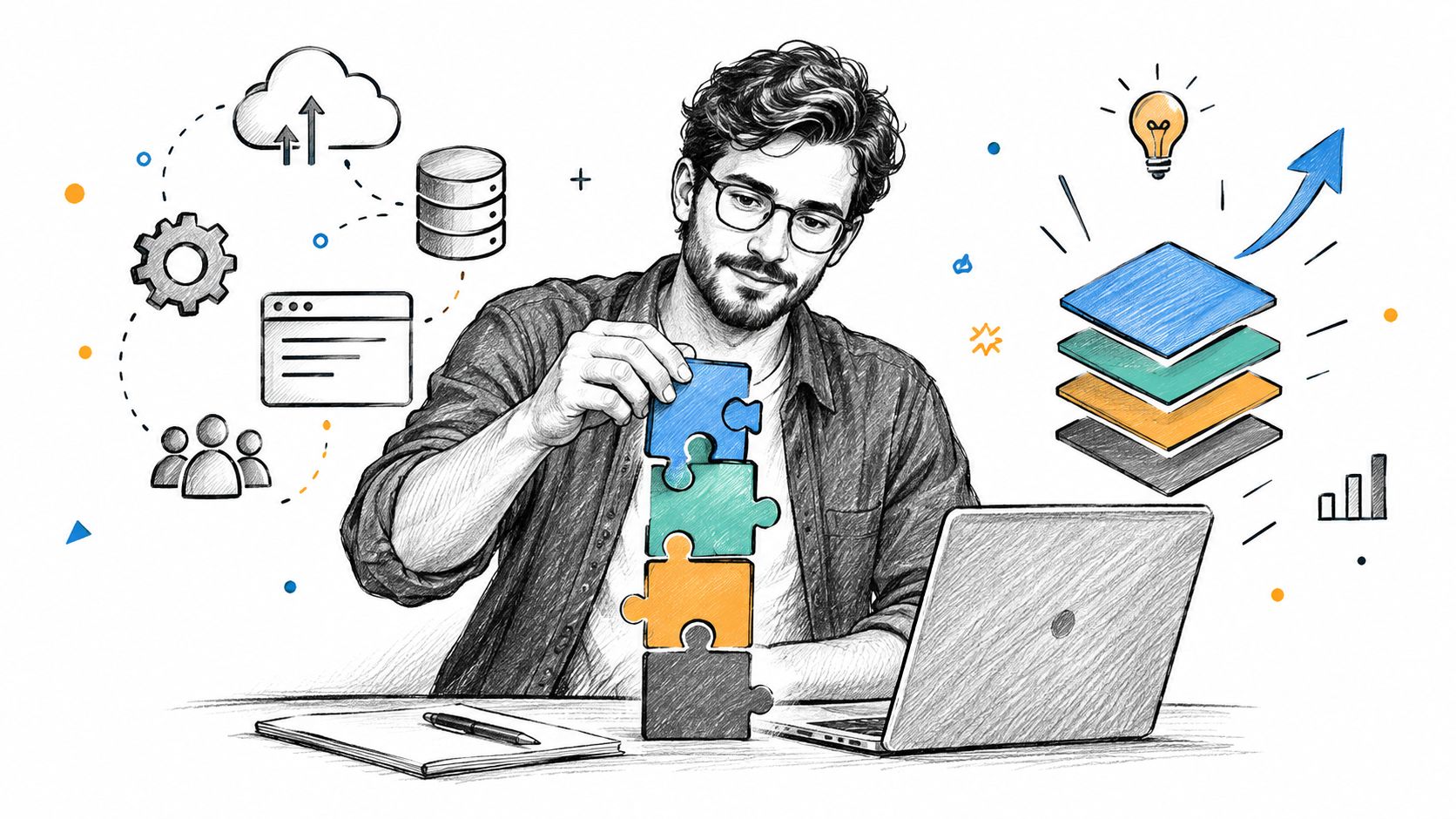 A creative illustration of a developer building a software solution using puzzle pieces and modern technology icons.