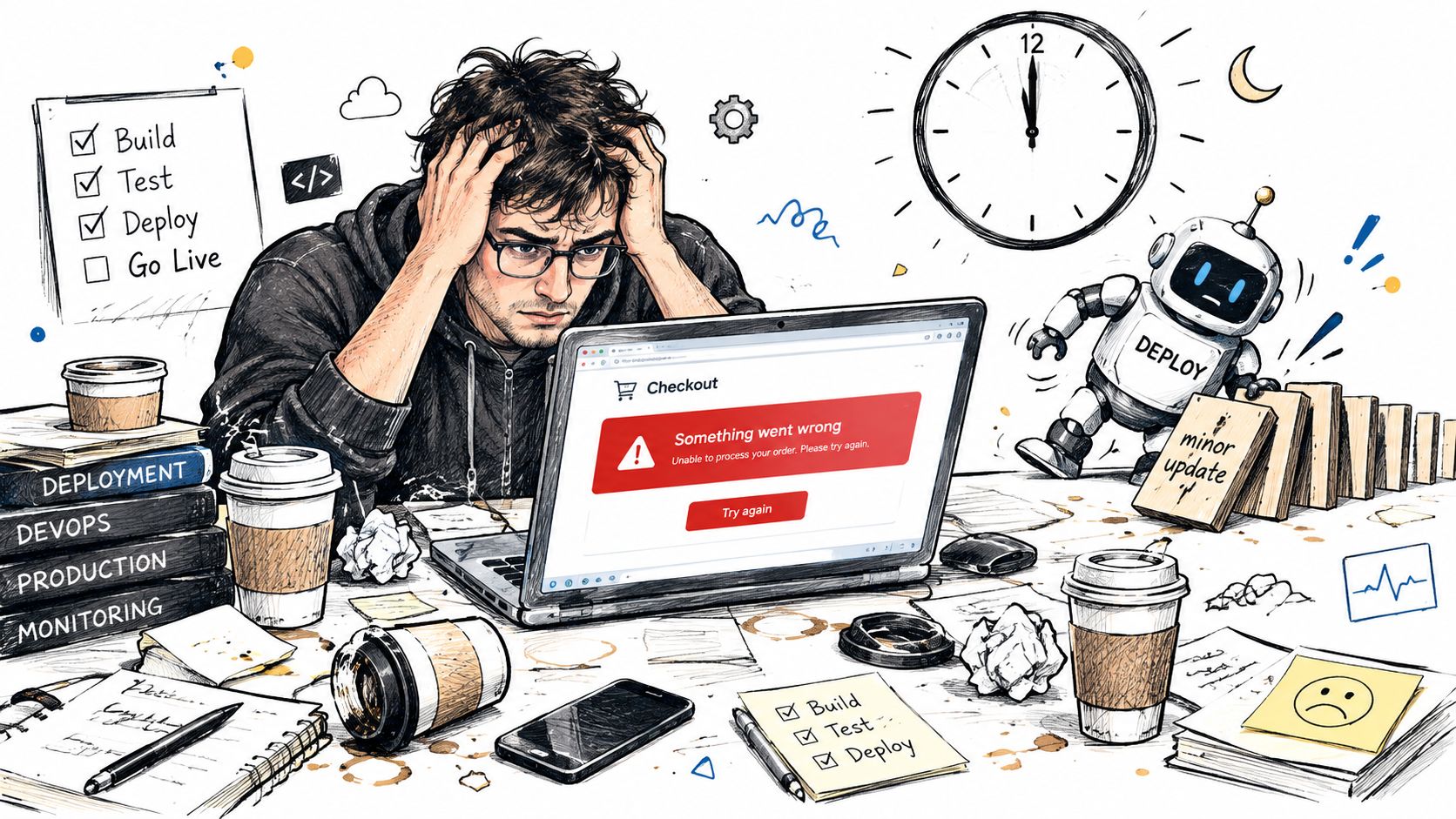 A stressed software developer looking at a computer screen showing a checkout error during deployment.