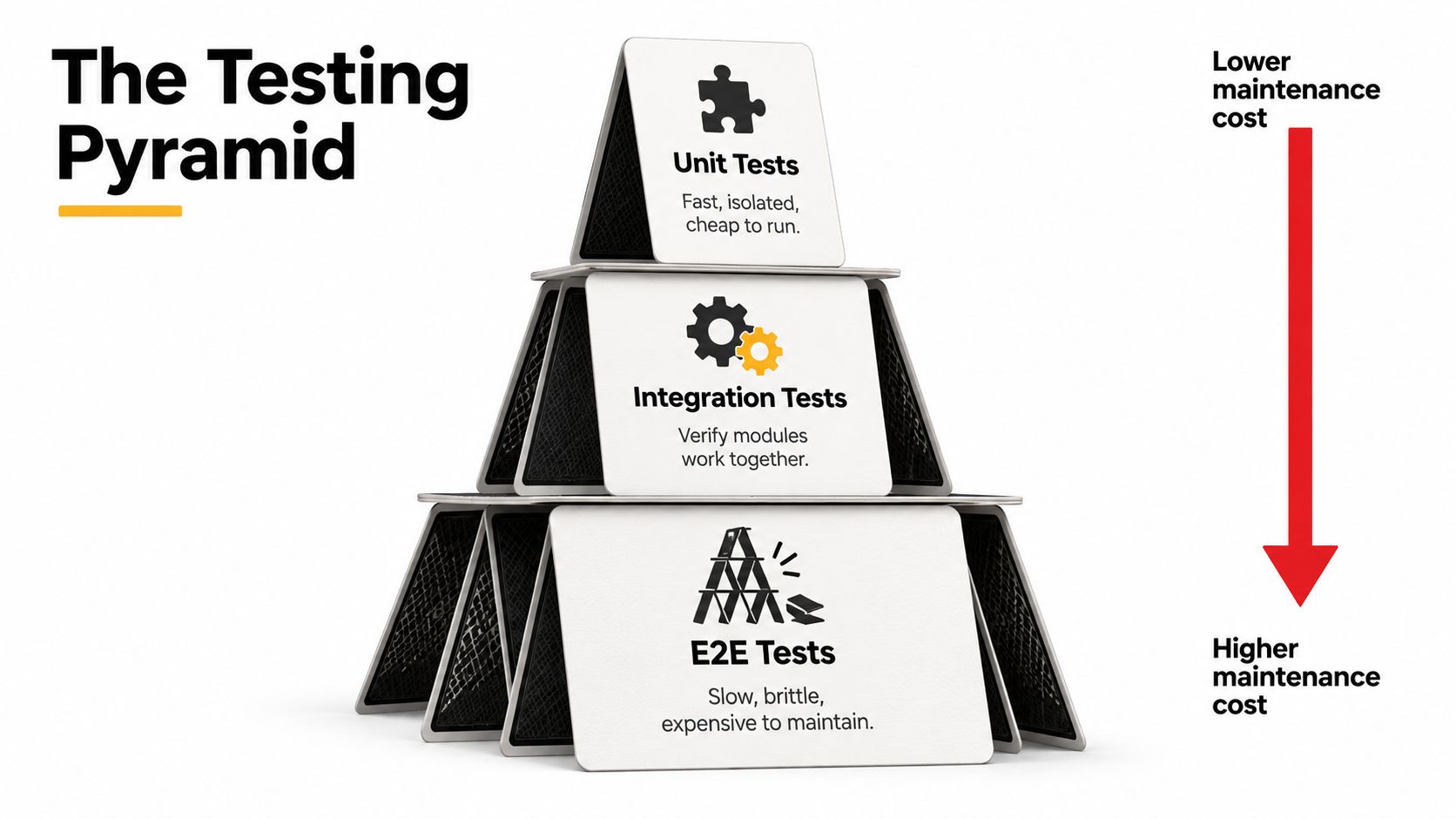 A visual diagram of the software testing pyramid showing Unit, Integration, and End-to-End tests with maintenance costs.