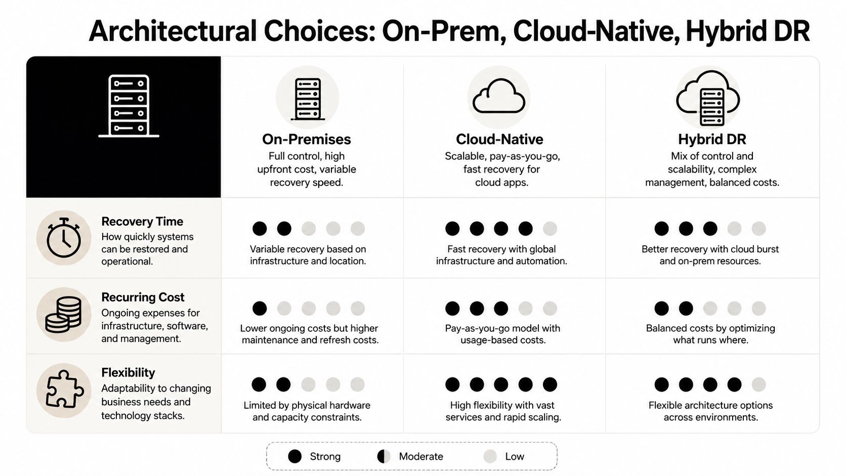 A comparative chart showing the architectural choices of On-Premises, Cloud-Native, and Hybrid DR disaster recovery solutions.