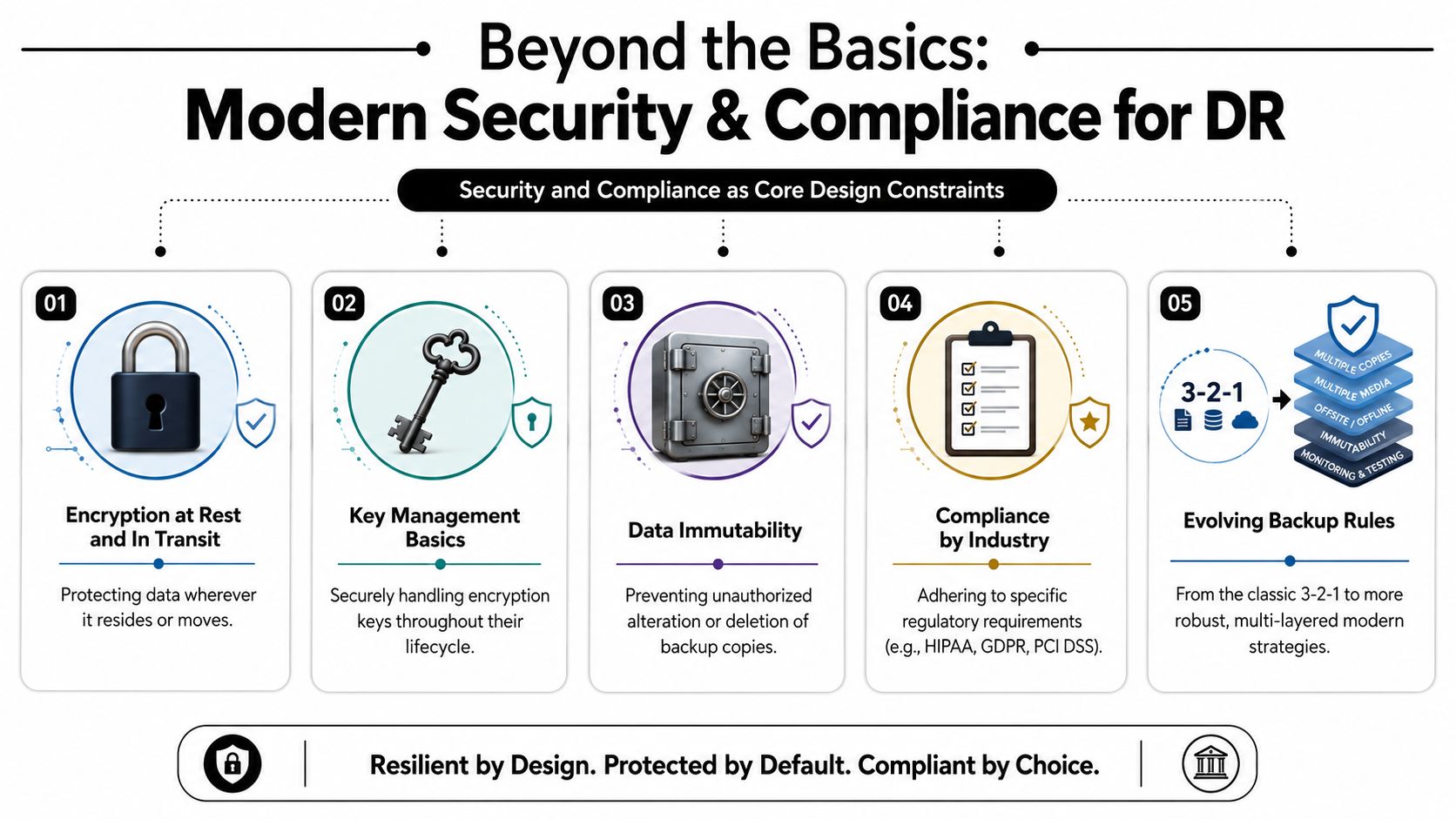 An infographic illustrating modern security and compliance principles for backup and disaster recovery strategies.