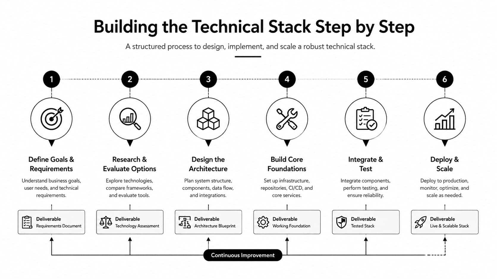 A six-step infographic illustrating the structured process for building, implementing, and scaling a robust technical stack.