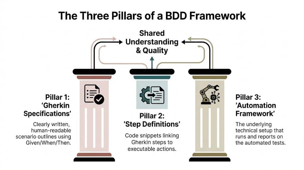 A diagram illustrating the three essential pillars of a BDD framework: Gherkin Specifications, Step Definitions, and Automation.