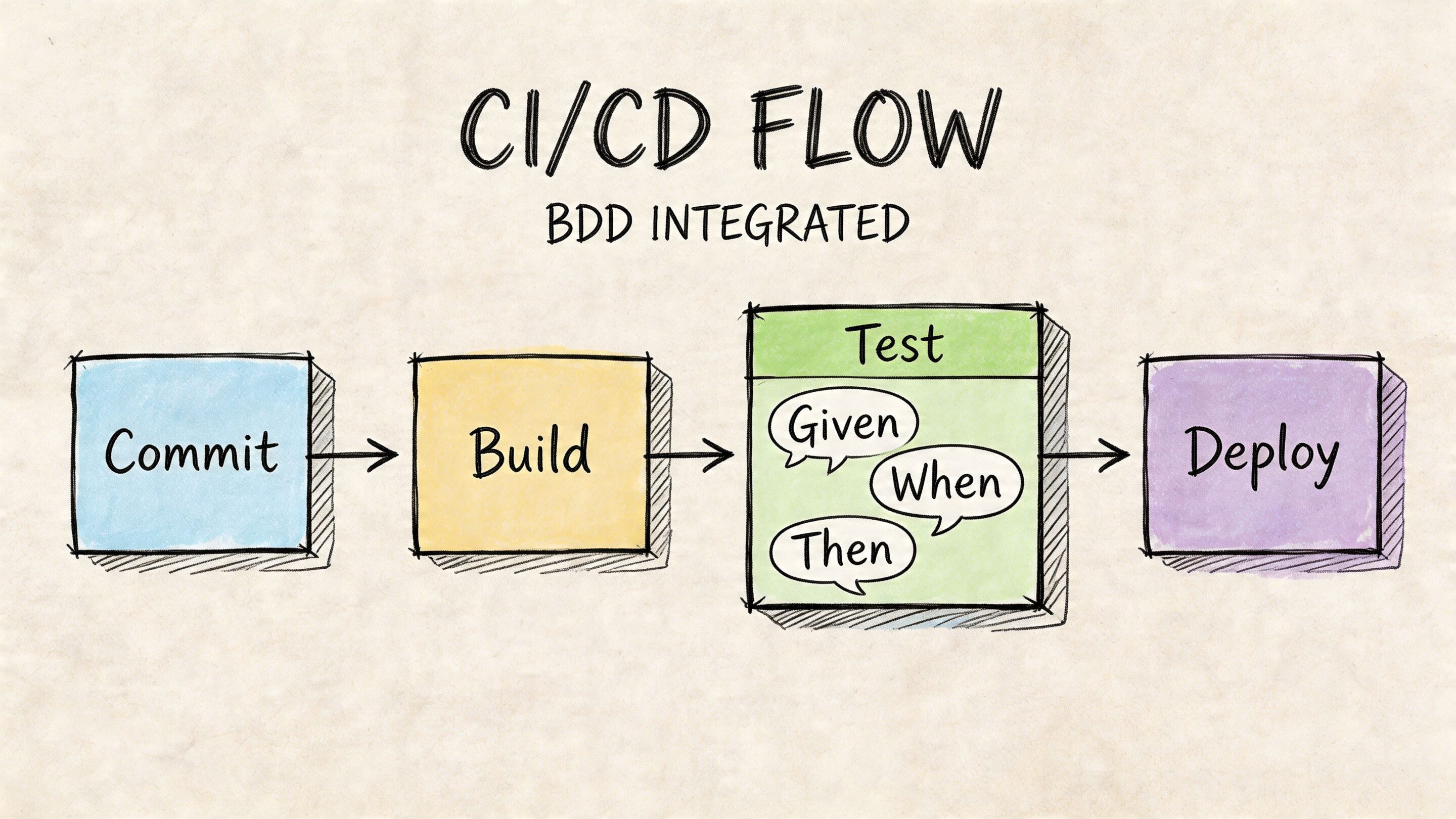 A diagram illustrating a CI/CD flow with integrated BDD process containing Commit, Build, Test, and Deploy steps.