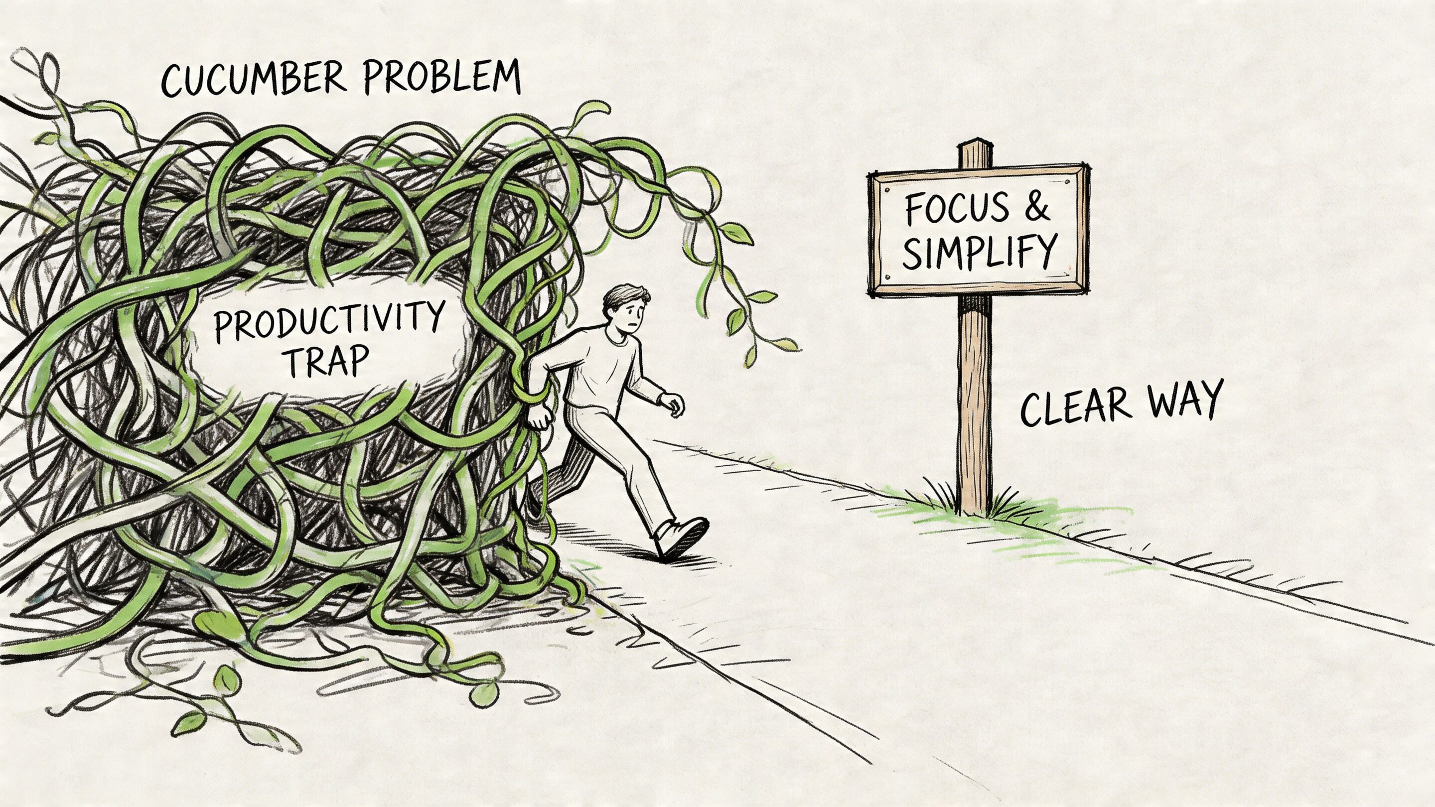 A conceptual illustration showing a person escaping a tangled cucumber vine trap for a clear path.