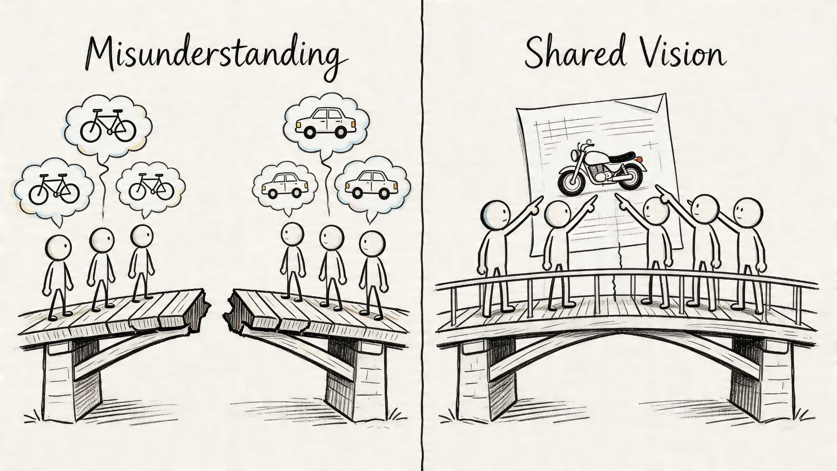 A conceptual illustration comparing misunderstanding and shared vision among teams working on a broken or connected bridge.