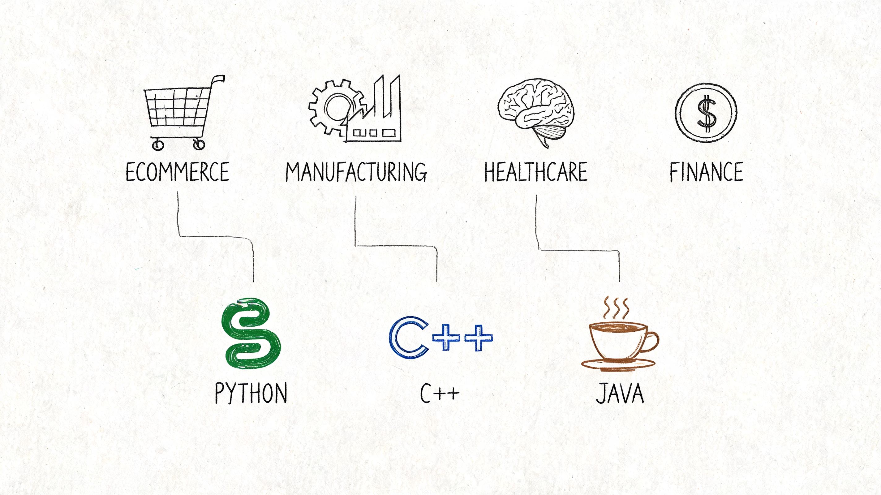An infographic showing programming languages like Python, C++, and Java applied to various industry sectors.