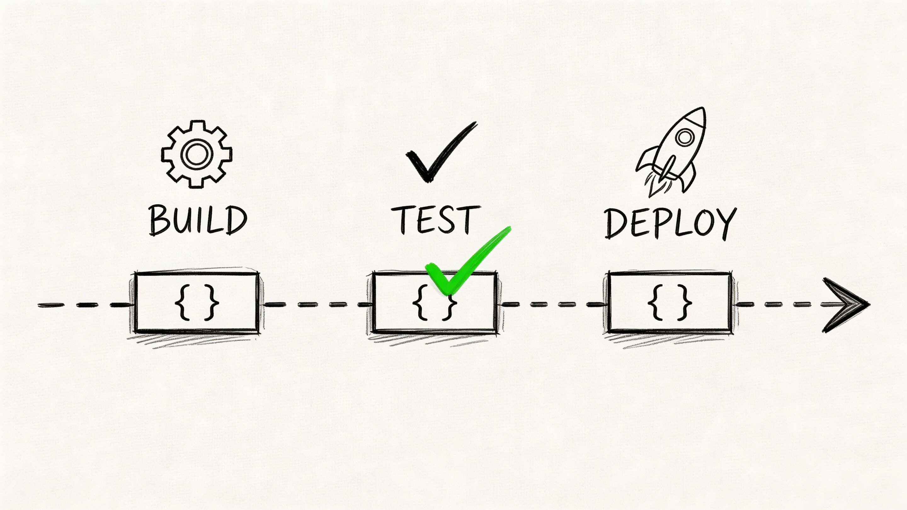 A hand-drawn flowchart illustrating the software development lifecycle stages of Build, Test, and Deploy with icons.